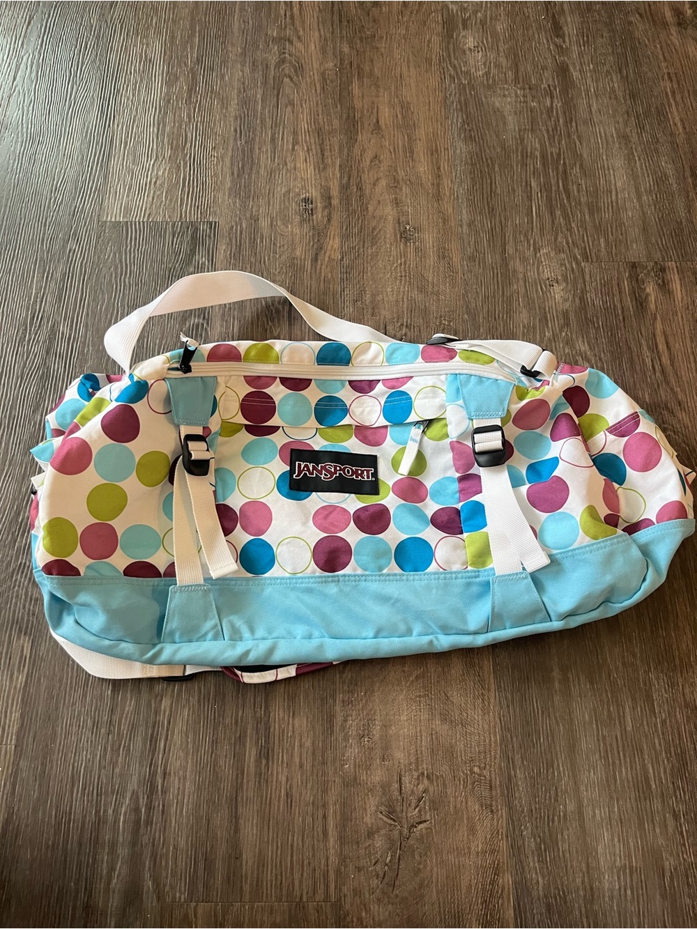 Jansport Polka Dot Duffel in Light Blue, Pink, Green